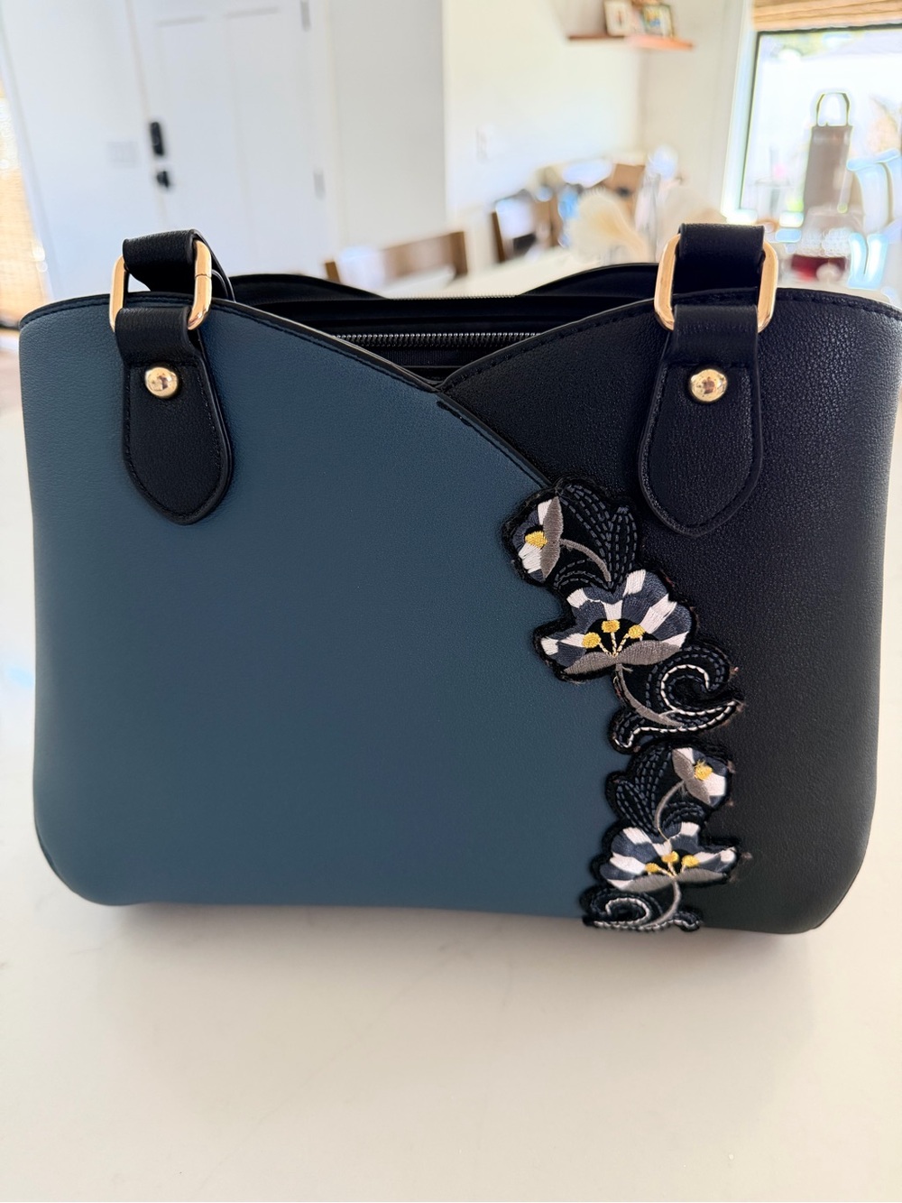 Blue & Black Floral Appliqué Shoulder Bag
